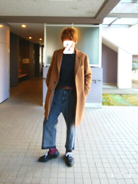 「UNIQLO（ユニクロ）のMEN スーピマコットンクルーネックT（長袖）（Tシャツ/カットソー、ブラック系）」を使った、ザンホンさん（メンズ・180cm）の冬コーディネート
