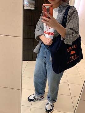 「GLOBAL WORK（グローバルワーク）のコクーンワイドデニム/819864（デニムパンツ）」を使った、a_iueoさん（レディース・156cm）の春コーディネート