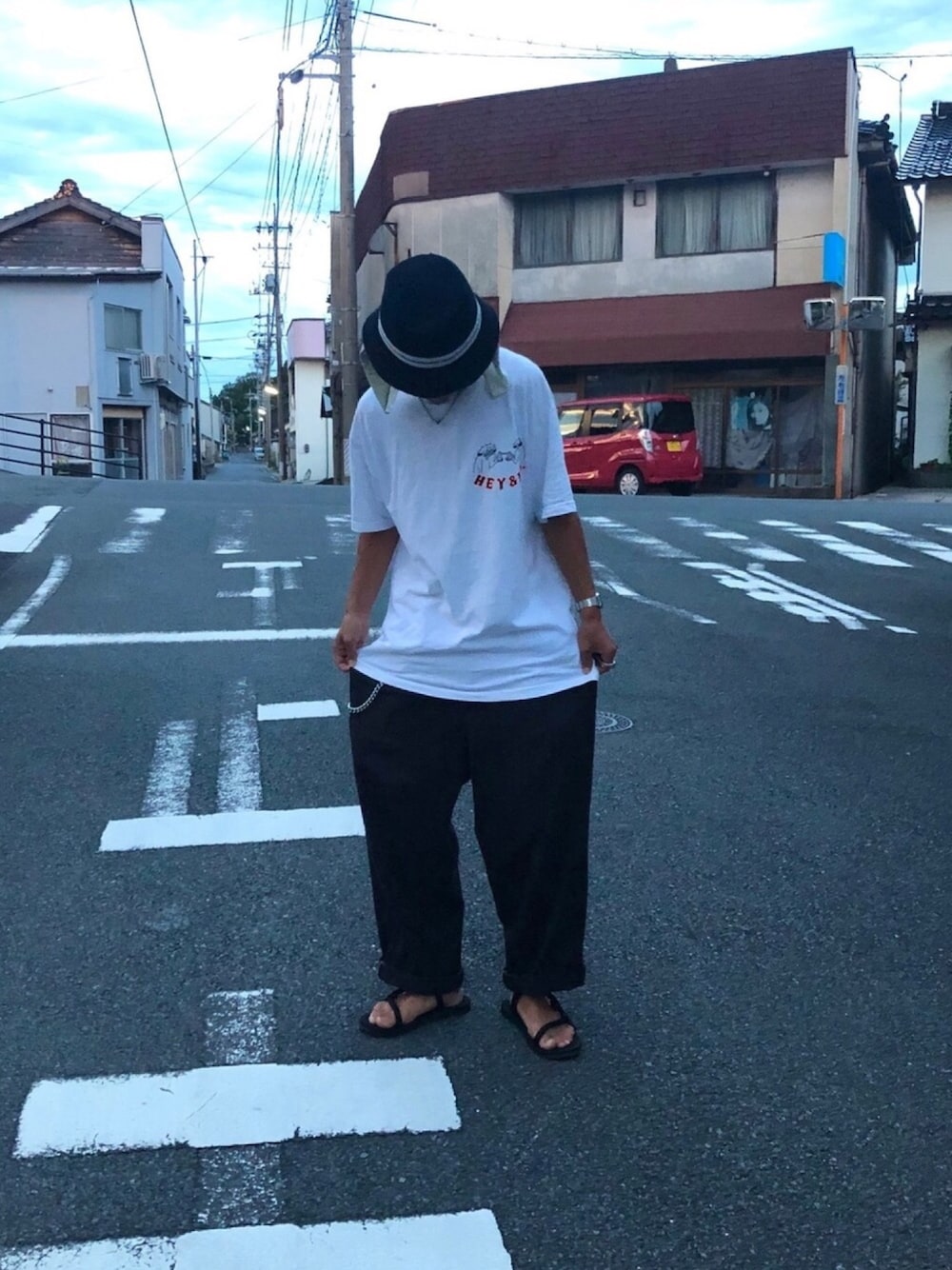 「夏コーデ、バンダナ、heyandho、ふとパンツ」｜「mont-bellのmont-bell / ソックオンサンダル 17SS＜WOMEN＞（サンダル、ブラック系）」を使った、SoTaさん（メンズ・169cm）の夏コーディネートの1枚目の写真