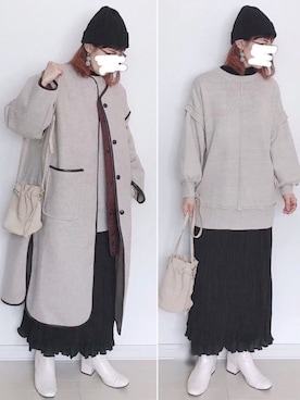 「白ニット」｜「アイテム（ノーカラーコート）」を使った、UMiSatoさん（レディース・163cm）の冬コーディネート
