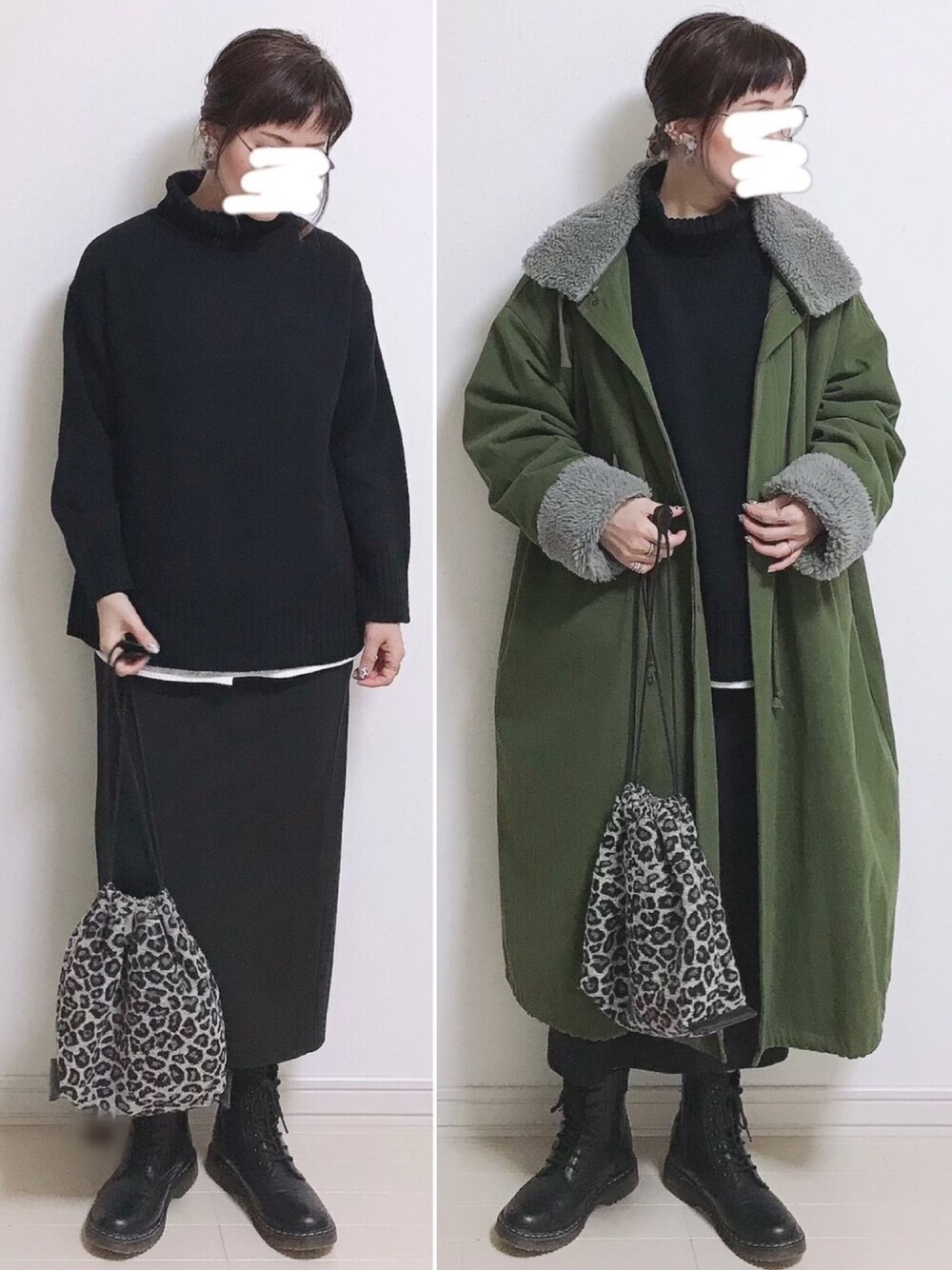 グリーン系のその他アウター、ブラック系のニット/セーター、ブラック系のニット/セーターを着用したレディースの冬コーディネートの1枚目の写真