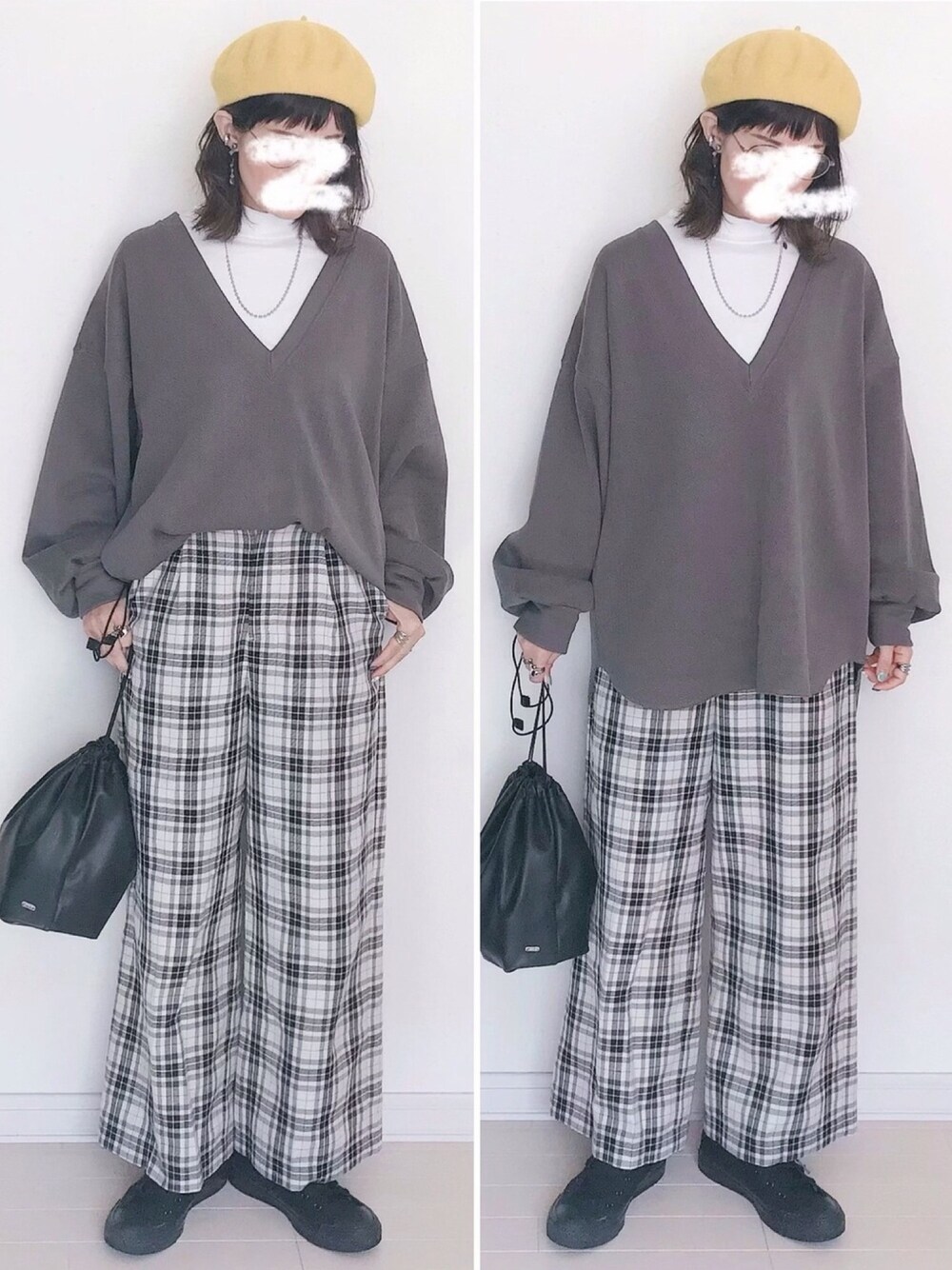 「AmbreNeige、袖ボリューム、深Vネック、レイヤードスタイル、ベレー帽、チェックパンツ、スニーカーコーデ、巾着バッグ、イエロー、ゆるコーデ」｜「LEPSIMのハイネックレイヤードT　927363（Tシャツ/カットソー、ホワイト系）」を使った、UMiSatoさん（レディース・163cm）の春コーディネートの1枚目の写真