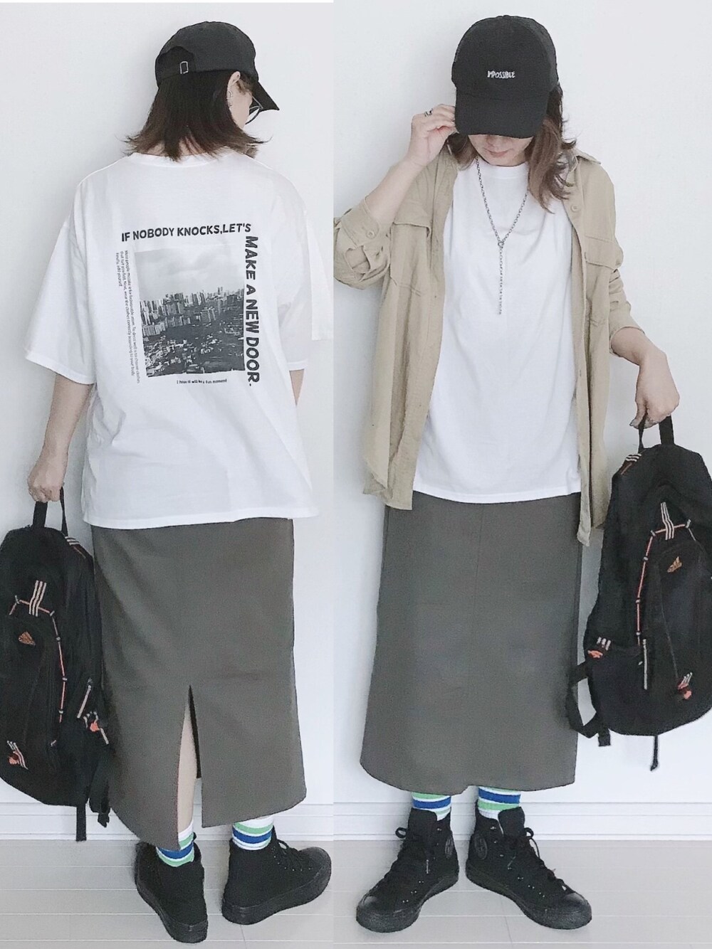 「ファミマ靴下、休日コーデ、プチプラ、春夏コーデ、AmbreNeige、キャップ、スニーカー、高身長コーデ、ストリート、カジュアルコーデ」｜「Ambre Neigeのミディタイトスカート／【WEB/EC限定商品】（スカート、グレー系）」を使った、UMiSatoさん（レディース・163cm）の春コーディネートの1枚目の写真