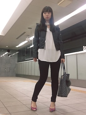 「spring」｜「アイテム（ノーカラージャケット）」を使った、sakさん（レディース・152cm）の春コーディネート