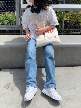 「LOWRYS FARM（ローリーズファーム）のCONEハイライズワイドデニム　800874（デニムパンツ）」を使った、nanacoさん（レディース・157cm）の夏コーディネート