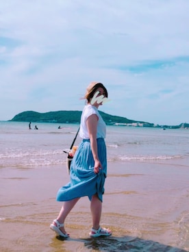 「海」｜「アイテム（ハンチング/ベレー帽）」を使った、maroさん（レディース・151cm）の夏コーディネート