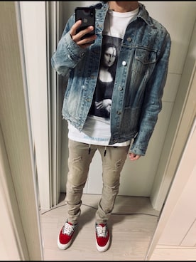 「off white」｜「アイテム（デニムジャケット）」を使った、BEKさん（メンズ・175cm）の冬コーディネート