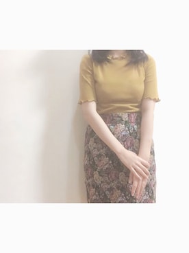 「earth music&ecology（アースミュージックアンドエコロジー）の・メロウリブ5分袖カットソー ●（Tシャツ/カットソー、イエロー系）」を使った、ひなさん（レディース・150cm）の夏コーディネート