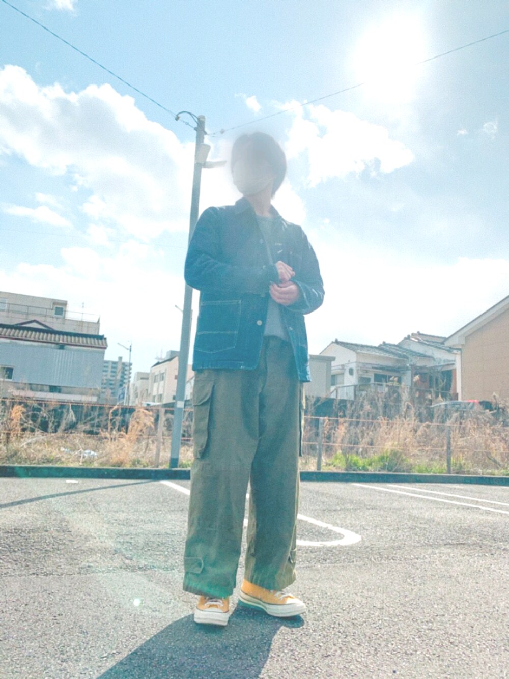 「カジュアル、フランス軍、m47、軍パン、CT70s、ジャーナルスタンダード、古着MIX、デニムジャケット、カバーオール、古着」｜「フランス軍のアイテム（カーゴパンツ、グリーン系）」を使った、Yさん（メンズ・165cm）の冬コーディネートの1枚目の写真