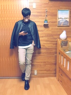 「BACK NUMBER（バックナンバー）のアイテム（ライダースジャケット）」を使った、短い冬さん（メンズ・170cm）の冬コーディネート