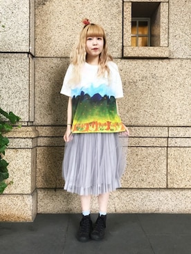 「Design Tshirts Store graniph（デザイン　ティーシャツ　ストア　グラニフ）のアイテム（トップス）」を使った、minaさん（レディース・158cm）の夏コーディネート