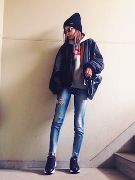 「Ungrid（アングリッド）のフレイドヘムストスリ（デニムパンツ）」を使った、てらまゆさん（レディース・160cm）の冬コーディネート