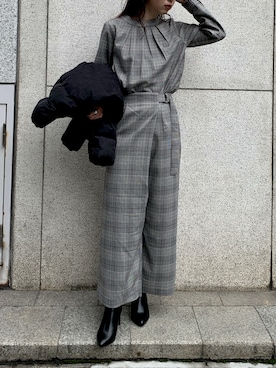 「crie conforto（クリーコンフォルト）のチェックラップワイドパンツ（その他パンツ、グレー系）」を使った、nakajo_marinaさん（レディース・160cm）の冬コーディネート