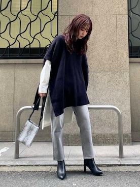 「crie conforto（クリーコンフォルト）の編地切り替えポンチョ（ニット/セーター、ブルー系）」を使った、nakajo_marinaさん（レディース・160cm）の冬コーディネート