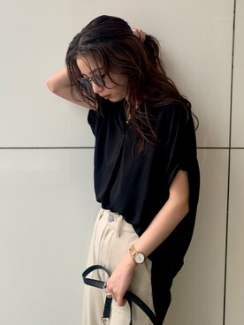 「crie conforto（クリーコンフォルト）のスリーブロールブラウス（シャツ/ブラウス、ブラック系）」を使った、nakajo_marinaさん（レディース・160cm）の春コーディネート