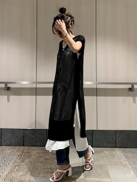 「crie conforto（クリーコンフォルト）のメッシュノースリーブワンピース（ワンピース、ブラック系）」を使った、nakajo_marinaさん（レディース・160cm）の春コーディネート