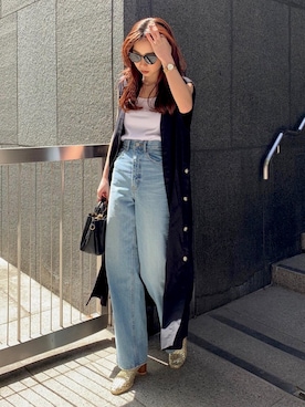 「crie conforto（クリーコンフォルト）のサイドボタンジレ（ベスト、ブラック系）」を使った、nakajo_marinaさん（レディース・160cm）の夏コーディネート