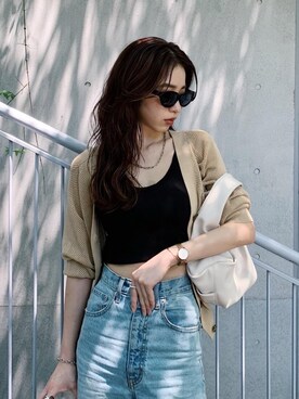 「crie conforto（クリーコンフォルト）のメッシュＶネックカーデ（カーディガン/ボレロ、ベージュ系）」を使った、nakajo_marinaさん（レディース・160cm）の夏コーディネート