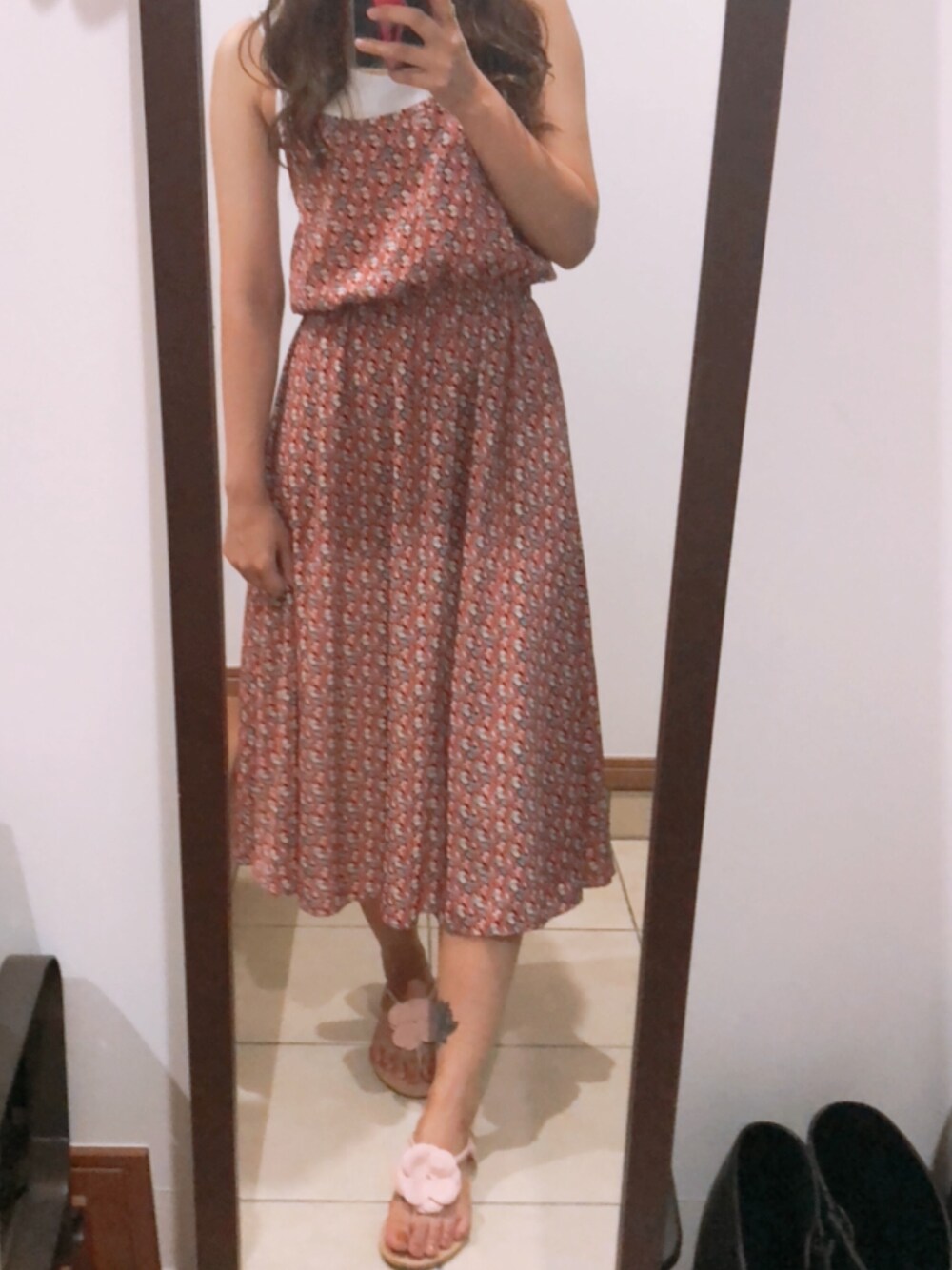 「夏コーデ、オトナガーリー、ワンピース、サンダル、brandymelville」｜「韓国のアイテム（ワンピース、レッド系）」を使った、totoCHANさん（レディース・153cm）の夏コーディネートの1枚目の写真