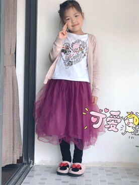 「devirock（デビロック）のアイテム（スカート、パープル系）」を使った、yu_yulingさん（キッズ・130cm）の春コーディネート