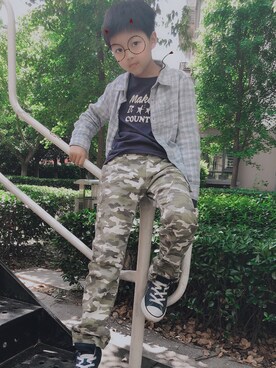 「mpsのアイテム（シャツ/ブラウス、ブルー系）」を使った、yu_yulingさん（キッズ・130cm）の春コーディネート