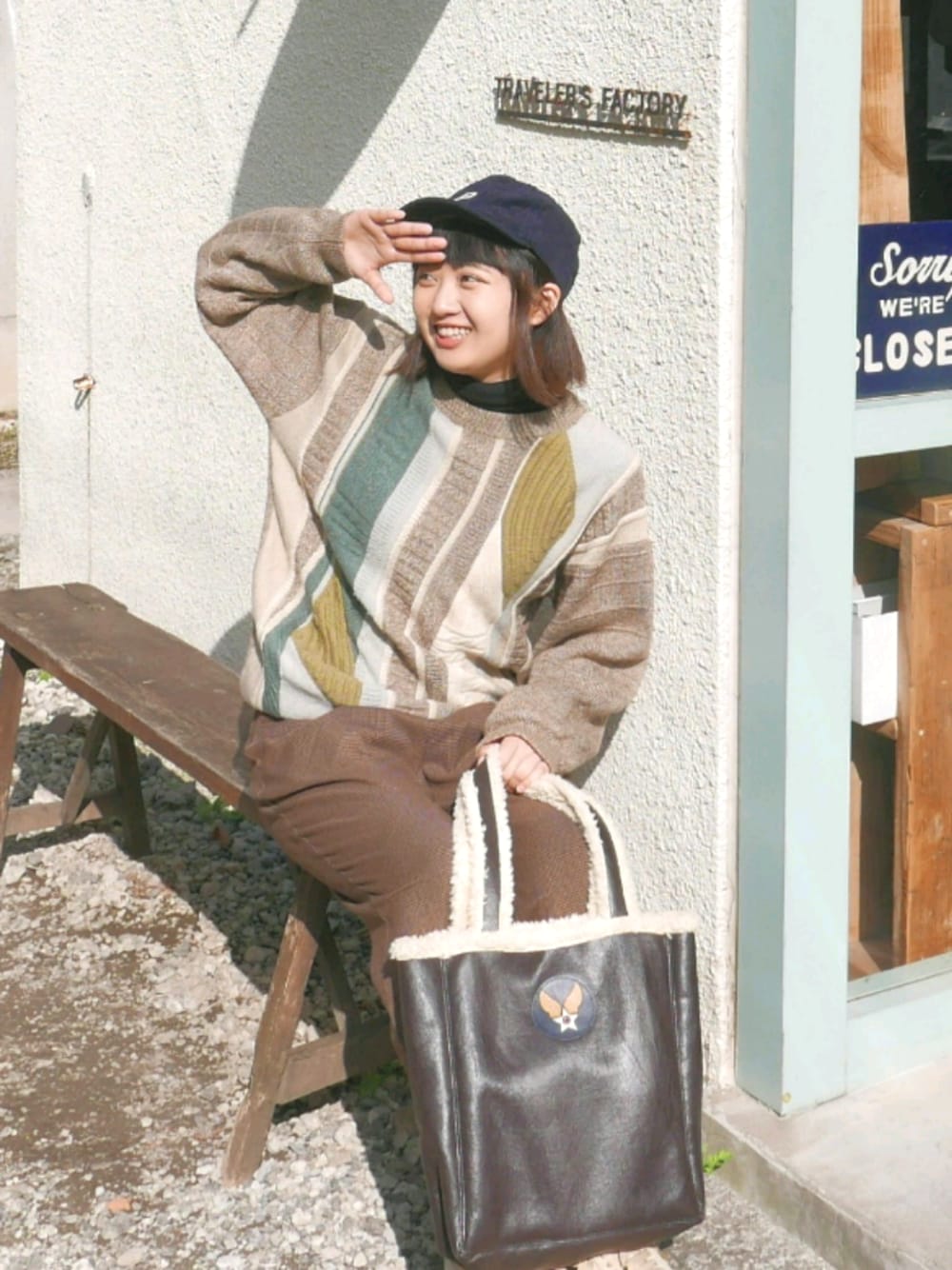 「BEAMS BOY、CAP、united carr、leather、古着、BROWN、casual」｜「GUのアイテム（その他パンツ、ブラウン系）」を使った、mojoさん（レディース・160cm）の春コーディネートの1枚目の写真