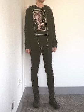 「DRKSHDW by RICK OWENS（ダークシャドウ バイ リックオウエンス）のアイテム（デニムパンツ）」を使った、jnechtさん（メンズ・196cm）の冬コーディネート