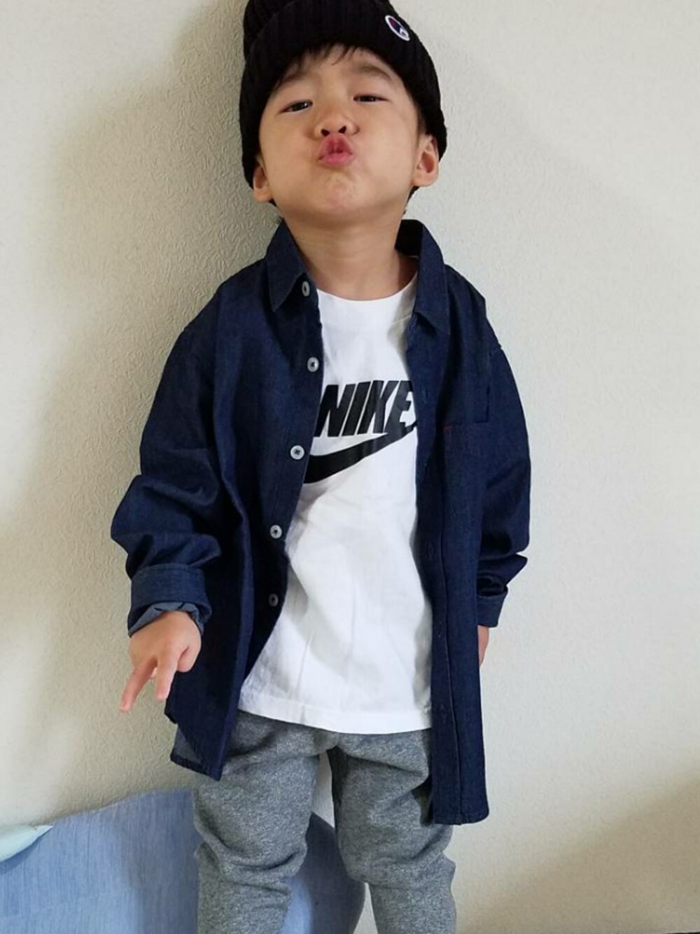 「Right-on、Right-onコーデ、3歳、男の子」｜「Right-onの【MPS】デニムシャツ（シャツ/ブラウス、ブルー系）」を使った、k♡tetsuさん（キッズ・90cm）の秋コーディネートの1枚目の写真