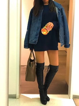 「レザーブーツ」｜「アイテム（スウェット）」を使った、yurie*さん（レディース・170cm）の冬コーディネート