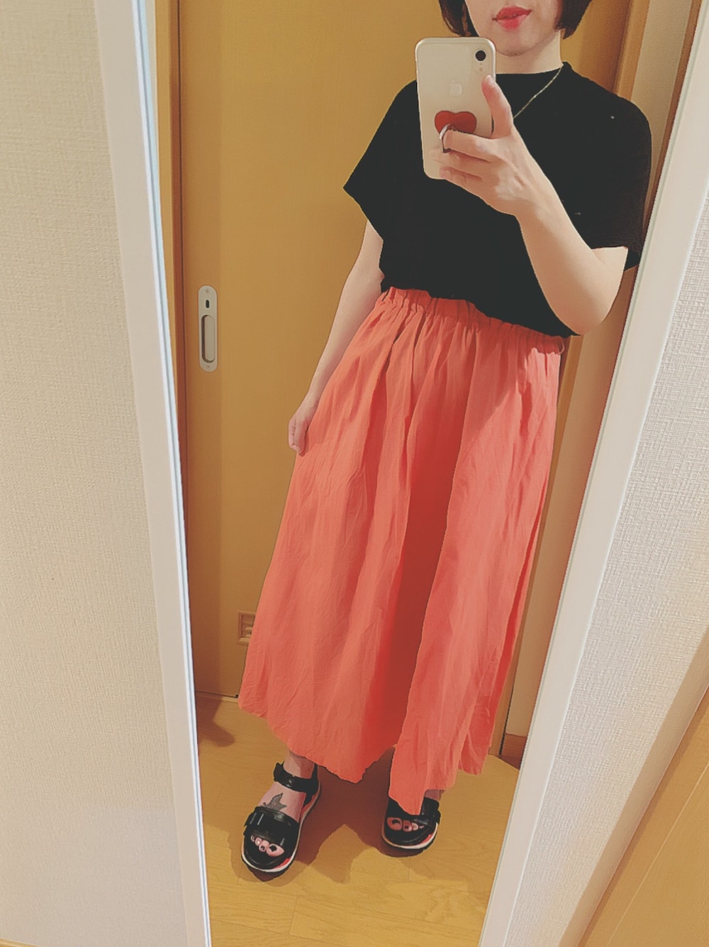 「休日スタイル、プチプラ、ロングスカート、summer、しまむら、GU、UNIQLO」｜「しまむらのアイテム（スカート、オレンジ系）」を使った、occaさんさん（レディース・161cm）の夏コーディネートの1枚目の写真