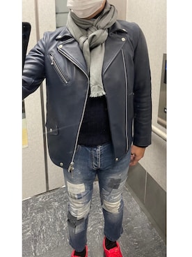 「no brand（ノーブランド）のアイテム（ライダースジャケット）」を使った、エースさん（メンズ・170cm）の冬コーディネート
