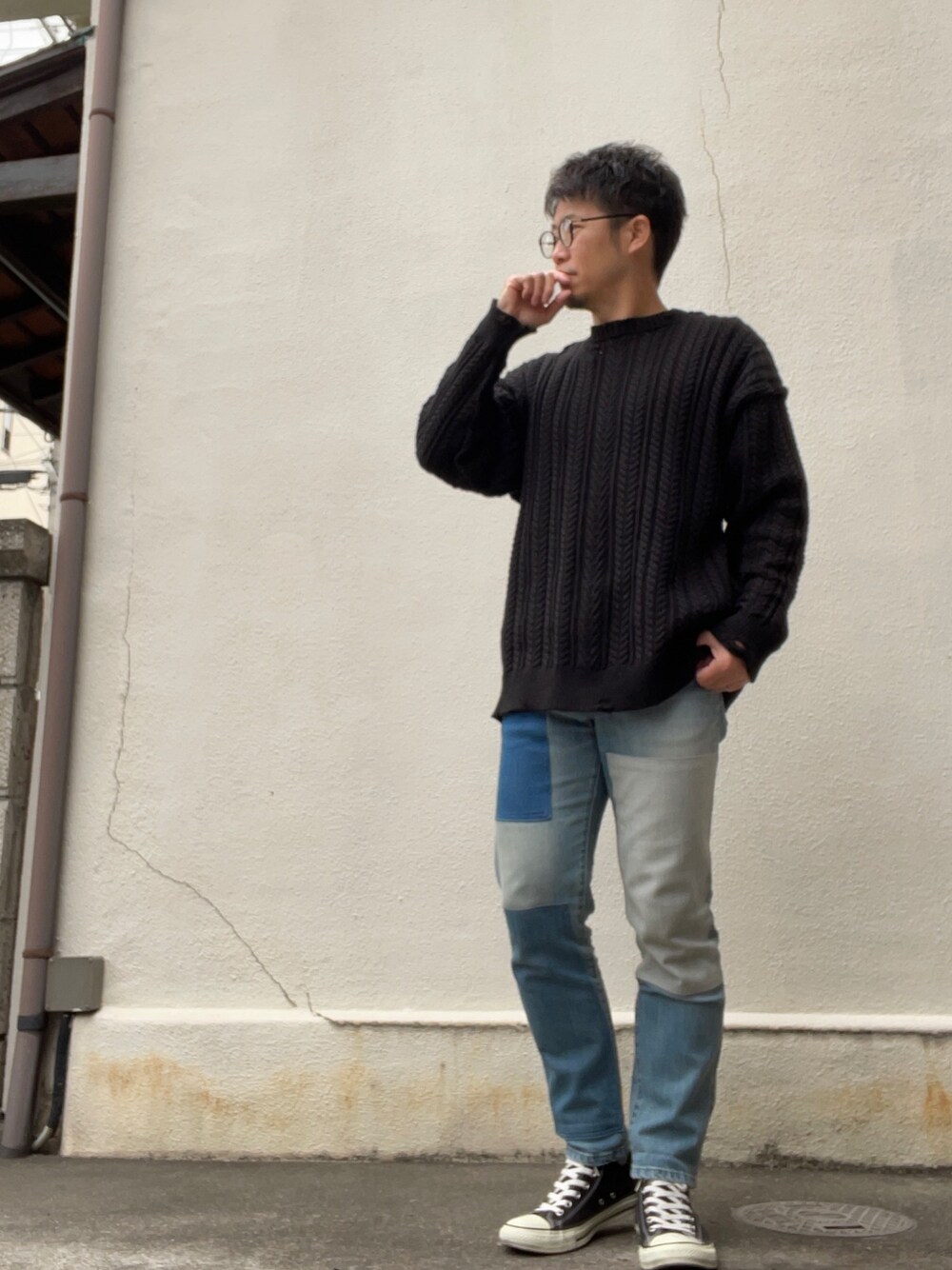 「大人カジュアル、オトナカジュアル、きれいめカジュアル、カジュアル、ダメージニット、アラフォー」｜「MONKEY TIMEの＜monkey time＞ COTTON CABLE DISTRESSED CN/ニット（ニット/セーター、ブラック系）」を使った、takeさん（メンズ・170cm）の冬コーディネートの1枚目の写真