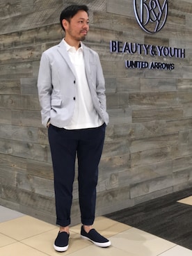 「アイテム（スリッポン、ブルー系）」を使った、Yuta Okazakiさん（メンズ・165cm）の春コーディネート