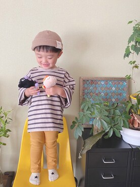 「ナチュラルスタイル」｜「アイテム（ニットキャップ/ビーニー）」を使った、モリコさん（キッズ・80cm）の秋コーディネート