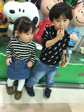 「アイテム（モカシン/デッキシューズ、ブラウン系）」を使った、◡̈iさん（キッズ・90cm）の秋コーディネート