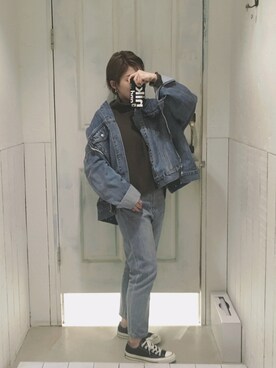 「ニコアンド」｜「アイテム（デニムジャケット）」を使った、KYOZさん（レディース・156cm）の冬コーディネート