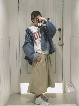 「ニコアンド」｜「アイテム（デニムジャケット）」を使った、KYOZさん（レディース・156cm）の春コーディネート