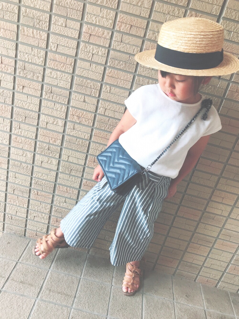 「ウエストリボンワイドパンツ」｜「ZARAのアイテム（バッグ、ブルー系）」を使った、sera♥︎ さん（キッズ・92cm）の夏コーディネートの1枚目の写真