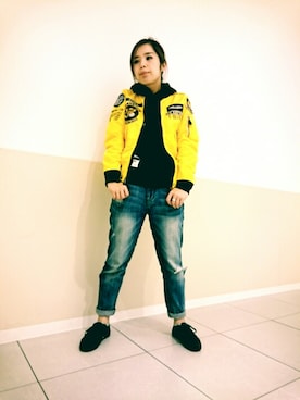 「AVIREX（アヴィレックス）のavirex/アヴィレックス/ L/S STENCIL PARKA/ ステンシルパーカー（パーカー）」を使った、kinukaさん（レディース・157cm）の冬コーディネート