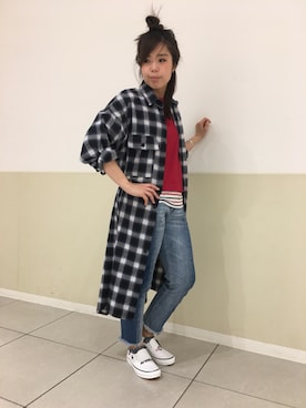 「柄×柄」｜「アイテム（シャツワンピース）」を使った、kinukaさん（レディース・157cm）の春コーディネート