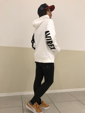 「AVIREX（アヴィレックス）のavirex/アヴィレックス/ MESH CAP AVIREX MFG/メッシュ　キャップ　AVIREX MFG（キャップ）」を使った、kinukaさん（レディース・157cm）の夏コーディネート