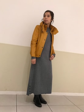 「アイテム（ライダースジャケット、イエロー系）」を使った、kinukaさん（レディース・157cm）の秋コーディネート