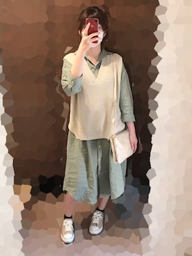 「ピスタチオ」｜「アイテム（シャツワンピース）」を使った、𝕞𝕒𝕣𝕦さん（レディース・160cm）の春コーディネート