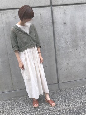 「w closet（ダブルクローゼット）の【A/W】レース切替開襟シャツ（シャツ/ブラウス、グリーン系）」を使った、 か  ず  さん（レディース・163cm）の夏コーディネート