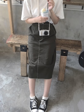 「Kastane（カスタネ）のステッチミドルスカート2（スカート、グリーン系）」を使った、 か  ず  さん（レディース・163cm）の秋コーディネート