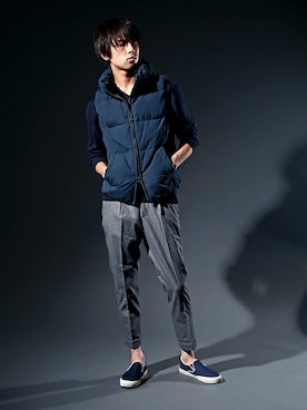 「アイテム（ダウンベスト）」を使った、SHINさん（メンズ・180cm）の秋コーディネート