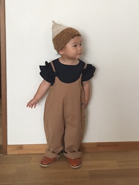 「アイテム（サロペット/オーバーオール、ブラウン系）」を使った、fuminさん（キッズ・80cm）の秋コーディネート