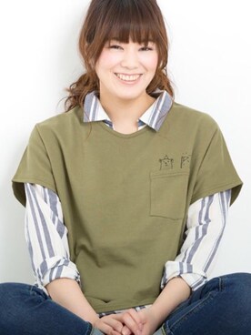 「PEACESHOPのポケinしろくまプリントビックTシャツ（Tシャツ/カットソー、グリーン系）」を使った、lycopenetomato3さん（レディース・165cm）の春コーディネート