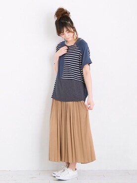 「PEACESHOPの異素材MIXプルオーバー（Tシャツ/カットソー、ブルー系）」を使った、lycopenetomato3さん（レディース・165cm）の春コーディネート