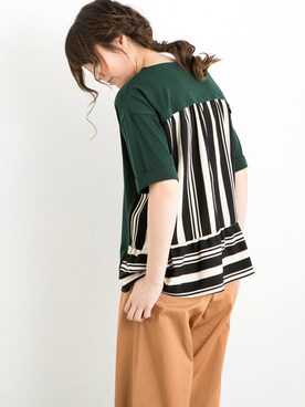 「PEACE SHOPの後ろランダムストライプ切替P/O（Tシャツ/カットソー、グリーン系）」を使った、lycopenetomato3さん（レディース・165cm）の夏コーディネート